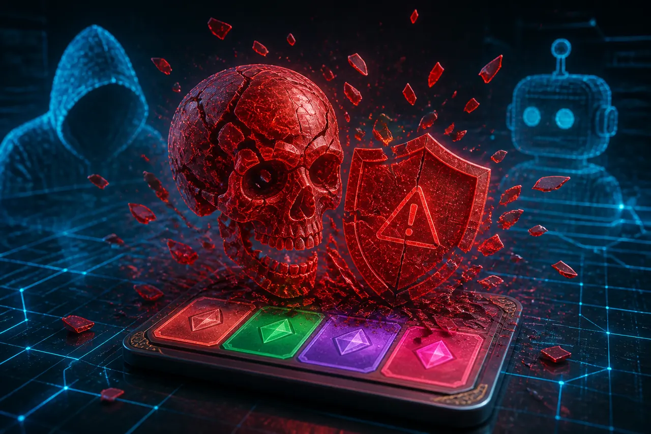 Colour Trading App Hack Pages Sell a Different Story illustration with neon blue field, green tile, and gold coin motifs