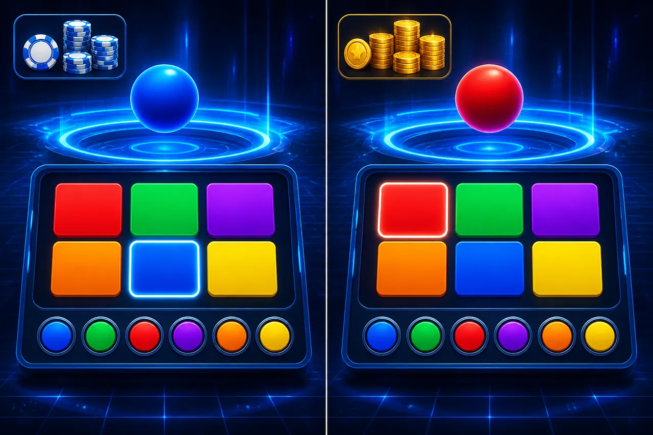 Why Demo Comes Before Deposit in Colour Trading App Searches illustration with neon blue field, green tile, and gold coin motifs