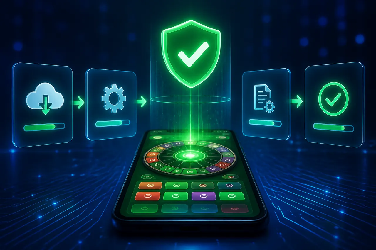 How to Download Colour Trading App Without Trusting Every Link illustration with neon blue field, green tile, and gold coin motifs