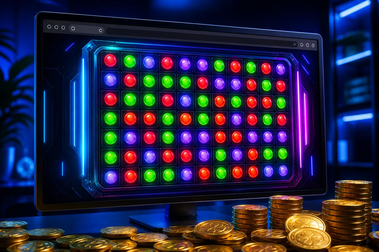 Online Colour Trading App vs File Download illustration with neon blue field, green tile, and gold coin motifs