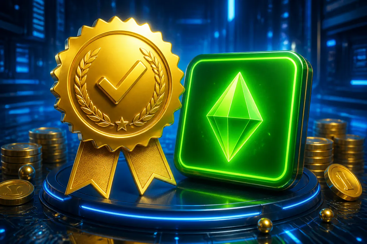 Original Colour Trading App: What Original Should Still Prove illustration with neon blue field, green tile, and gold coin motifs