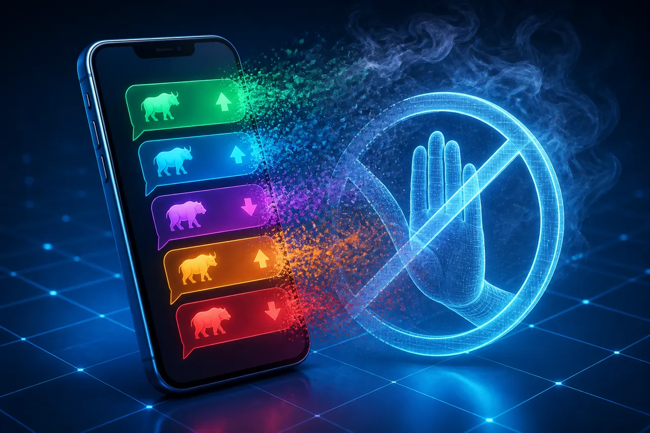 Colour Trading App Signals Are Not Proof illustration with neon blue field, green tile, and gold coin motifs