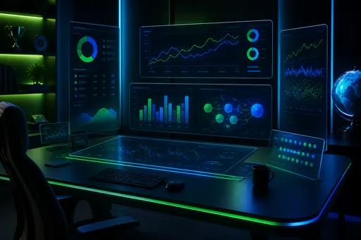 Editorial desk with neon blue glow and green card-tile motifs