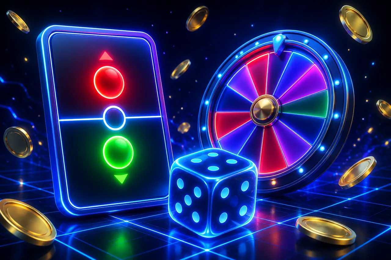 Colour Trading App Alternatives illustration with neon blue background, green card tile, and gold coin accents