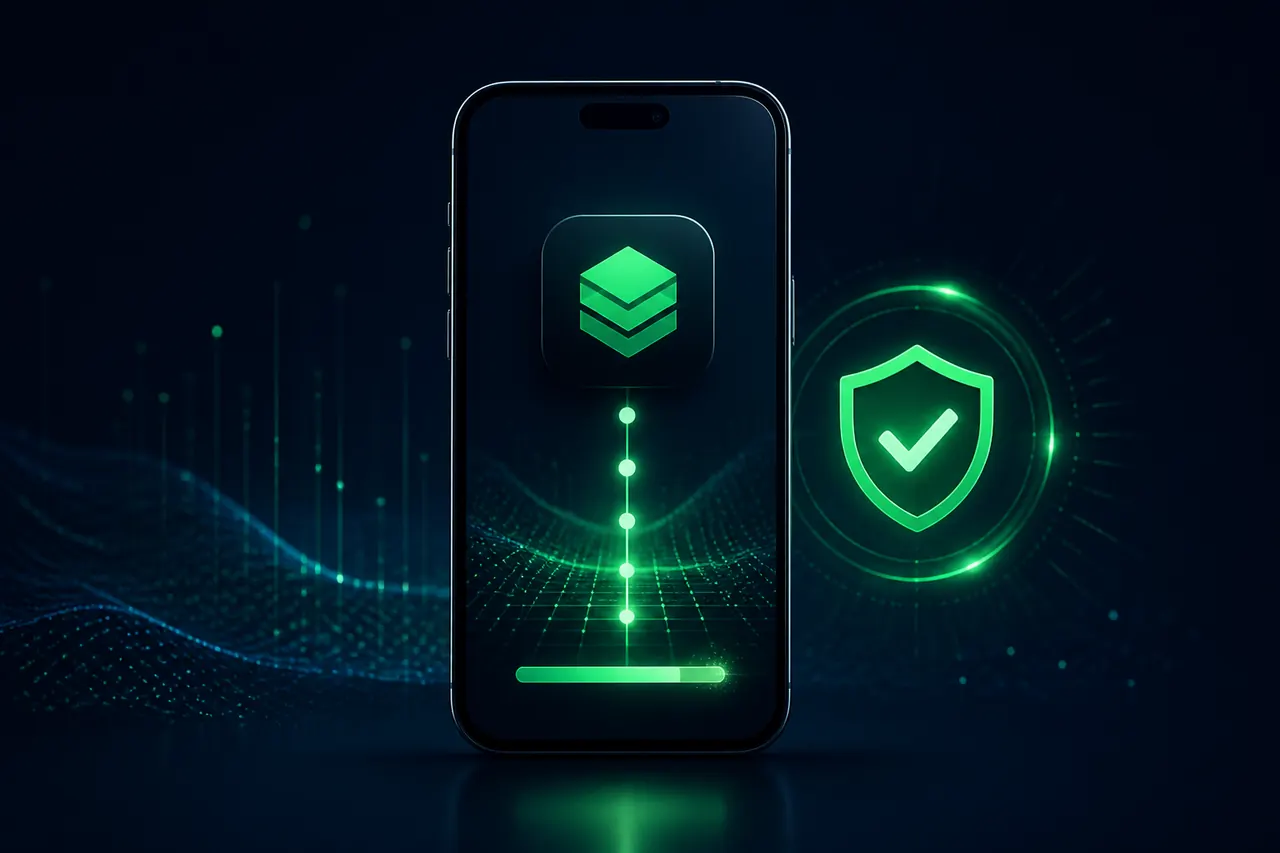 Colour Trading App Download illustration with neon blue background, green card tile, and gold coin accents