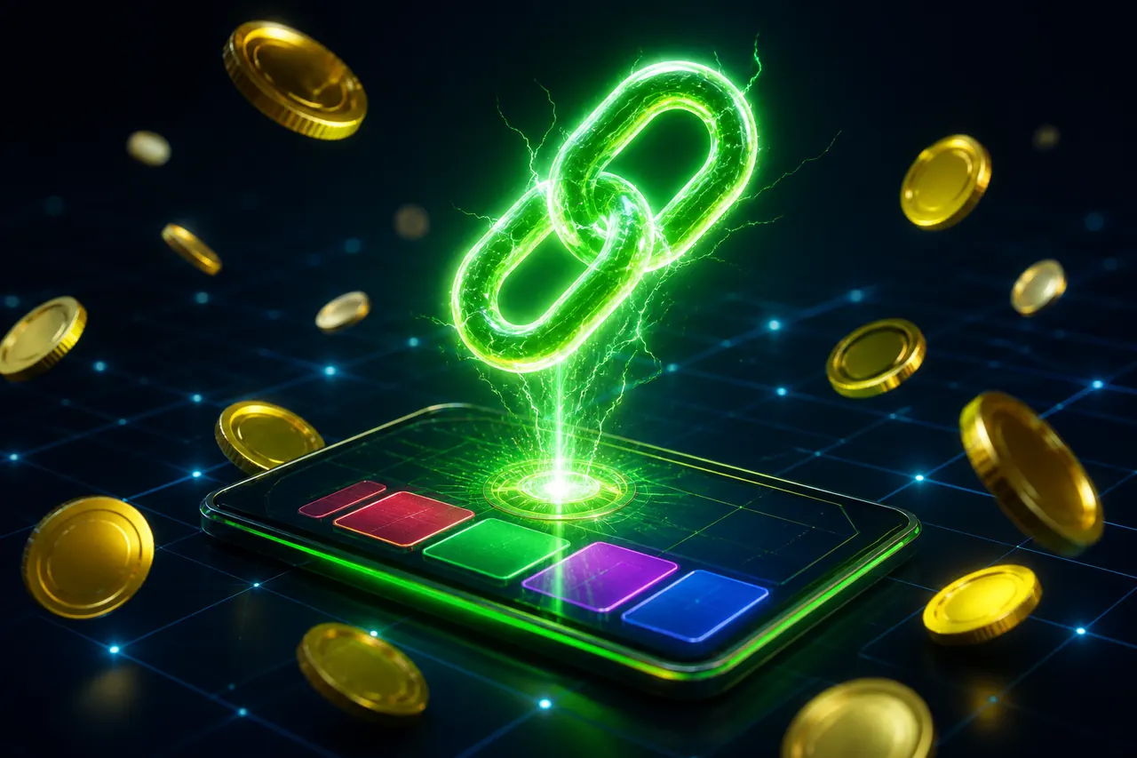 Colour Trading App Link Today illustration with neon blue background, green card tile, and gold coin accents