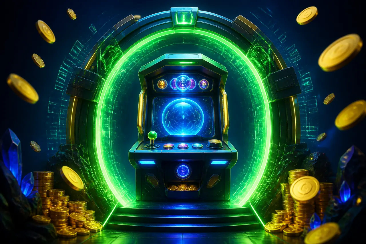 Colour Trading App Link illustration with neon blue background, green card tile, and gold coin accents