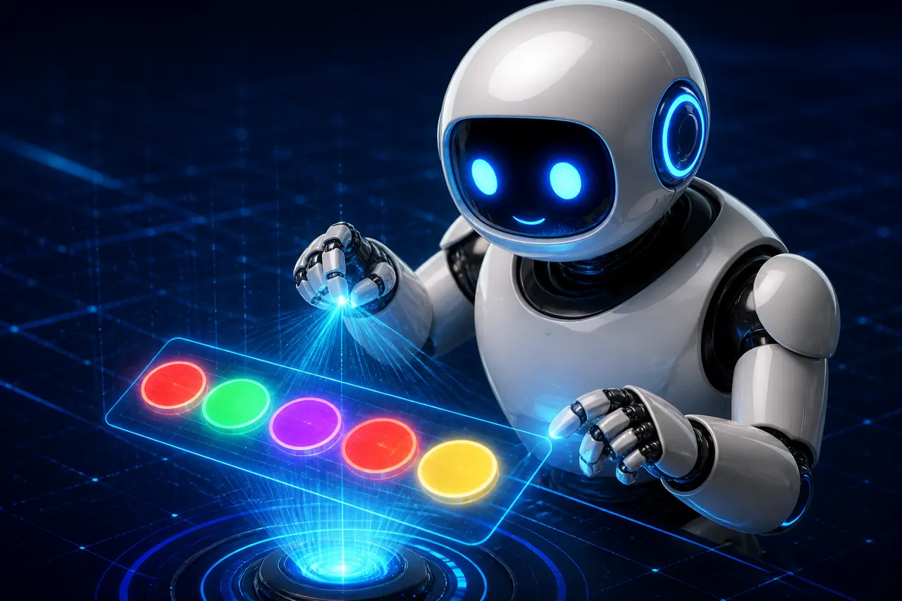 Colour Trading App Bot illustration with neon blue background, green card tile, and gold coin accents