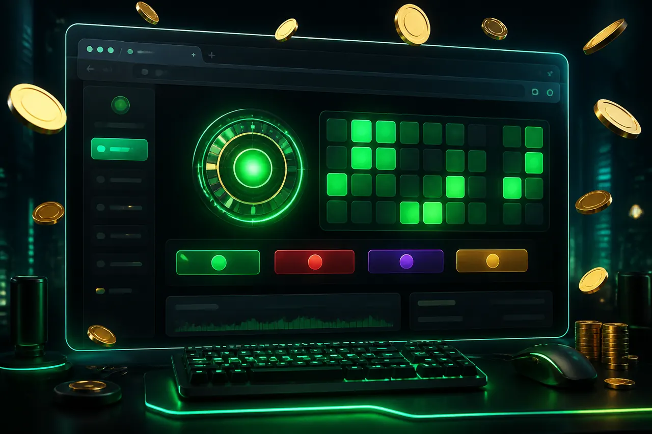 Colour Trading App Browser illustration with neon blue background, green card tile, and gold coin accents