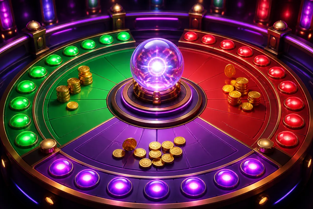 Color Prediction Game illustration with neon blue background, green card tile, and gold coin accents