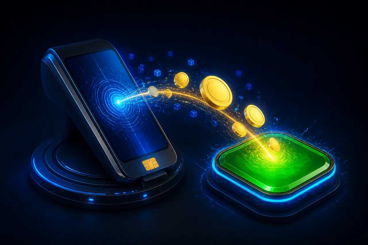 Colour Trading App Deposit illustration with neon blue background, green card tile, and gold coin accents
