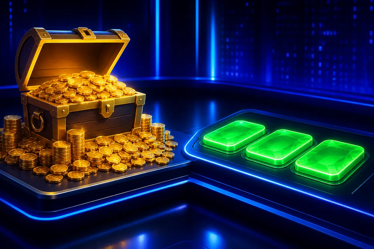 Colour Trading App Earn Money illustration with neon blue background, green card tile, and gold coin accents