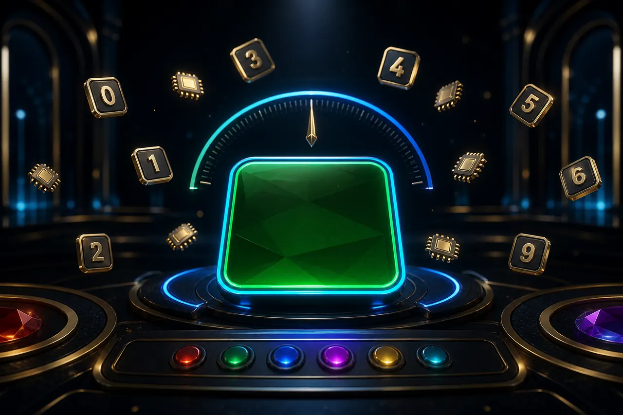 Green prediction tile with neon blue glow and coin accents on a dark arcade background
