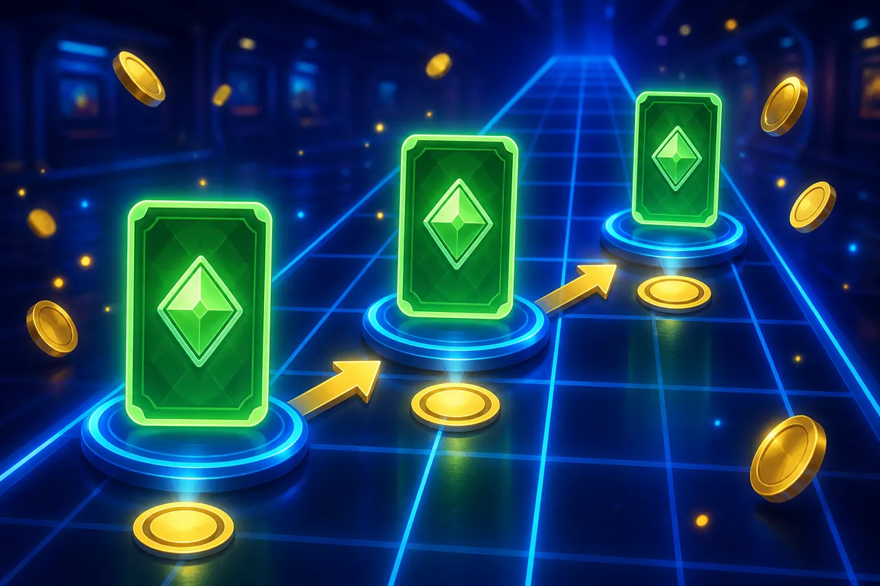 How to Play Colour Trading App illustration with neon blue background, green card tile, and gold coin accents