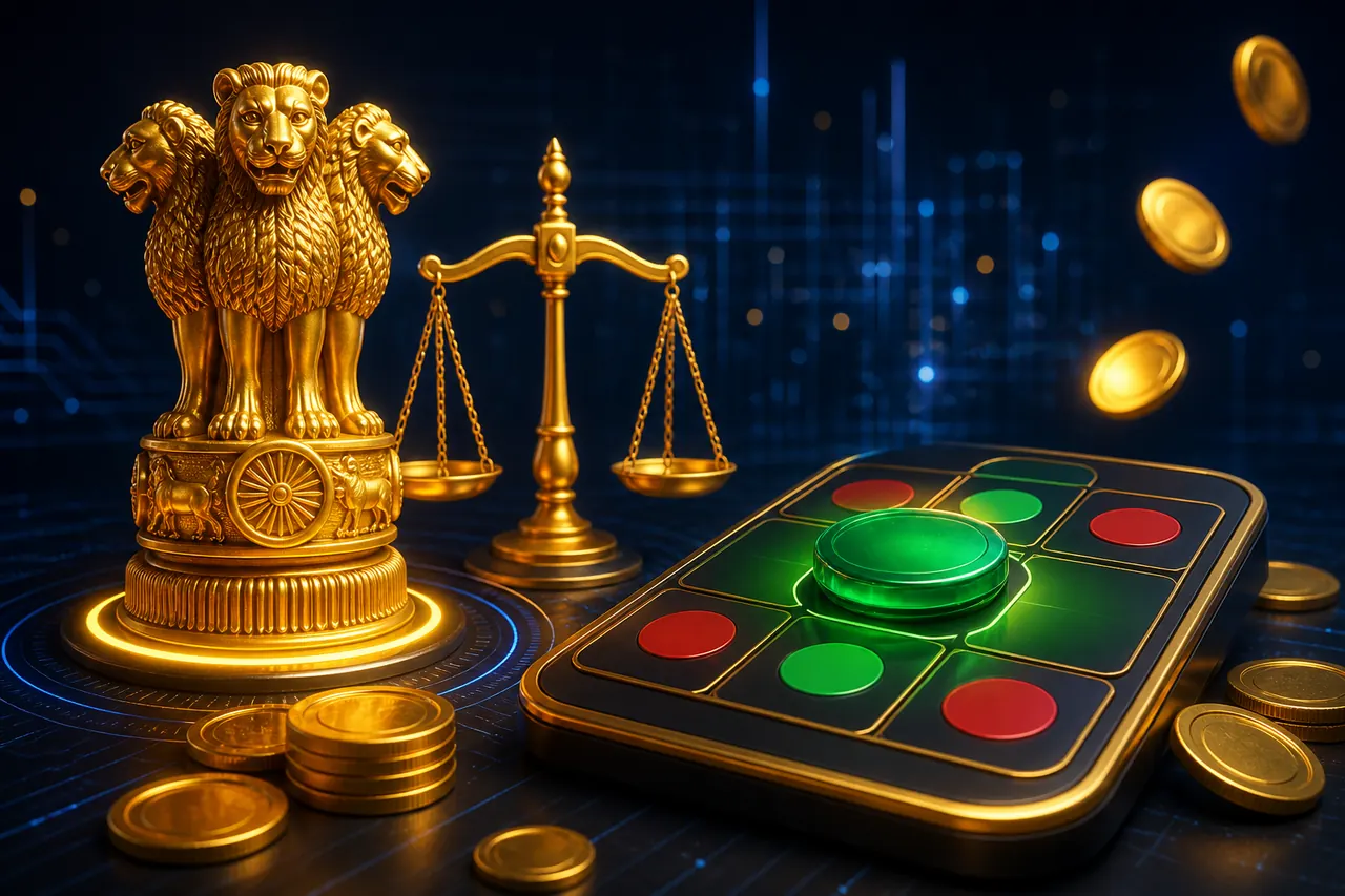 Colour Trading App Legal in India illustration with neon blue background, green card tile, and gold coin accents