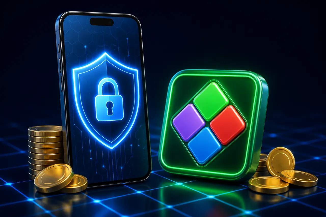 Colour Trading App Login illustration with neon blue background, green card tile, and gold coin accents