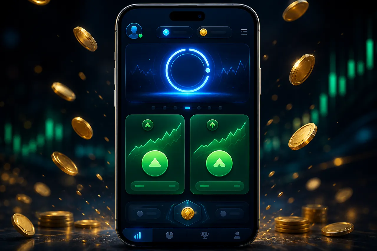 Colour Trading App Mobile illustration with neon blue background, green card tile, and gold coin accents