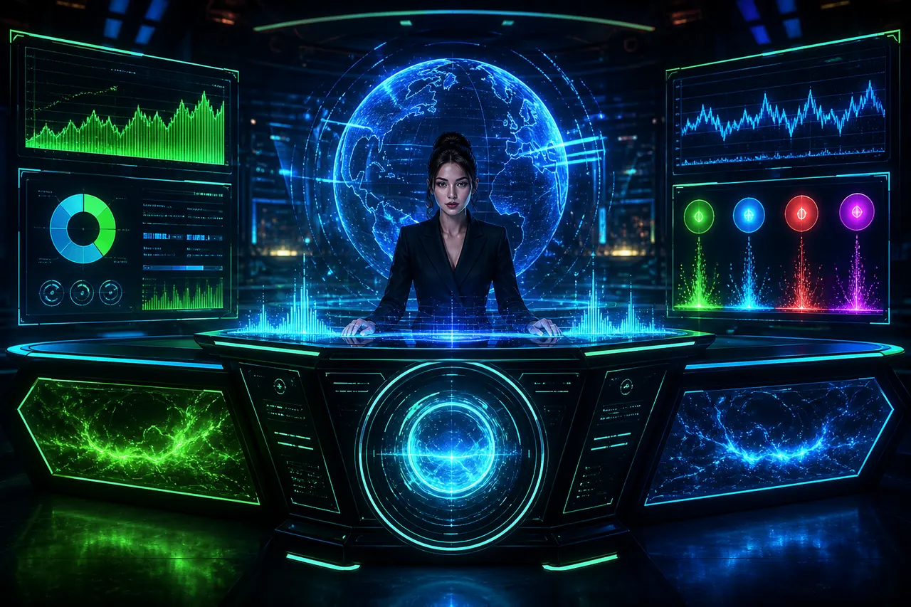 Live breaking news terminal with digital market waves and color prediction updates