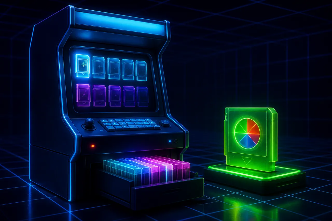 Old Version Colour Trading App illustration with neon blue background, green card tile, and gold coin accents
