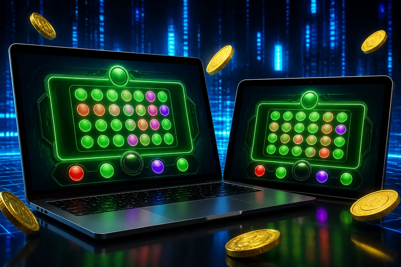 Online Colour Trading App illustration with neon blue background, green card tile, and gold coin accents