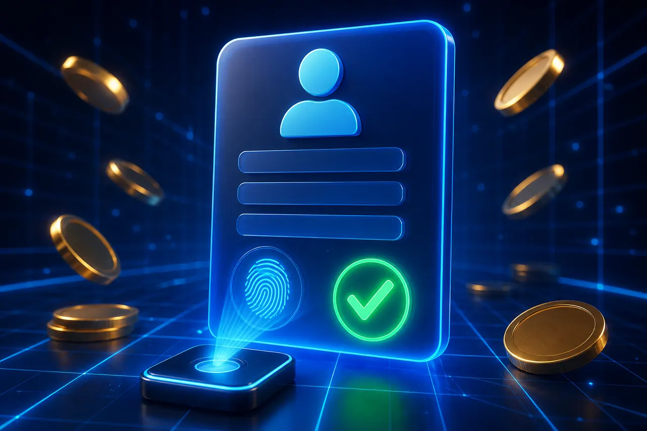 Colour Trading App Register illustration with neon blue background, green card tile, and gold coin accents