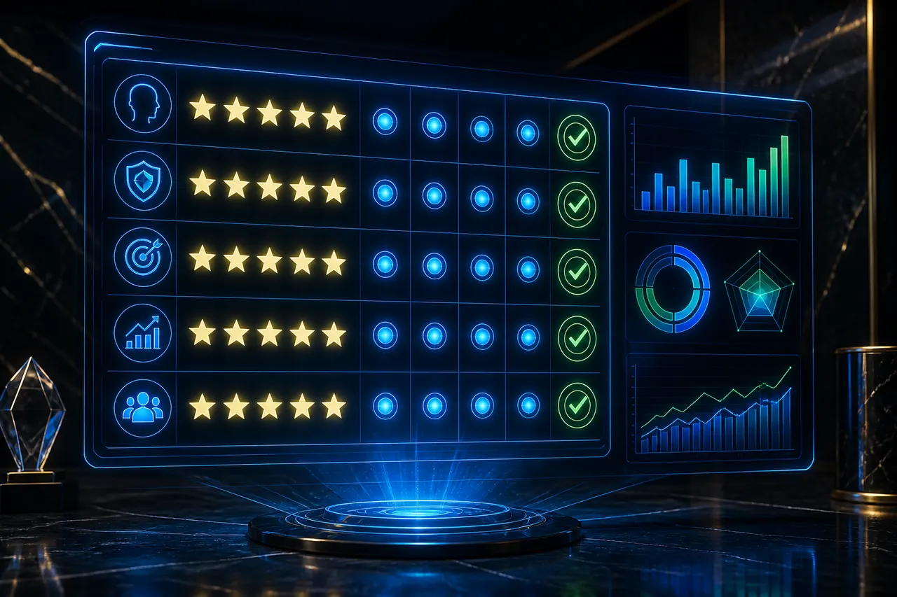Colour trading app review scorecard with trust ratings and security verification badges
