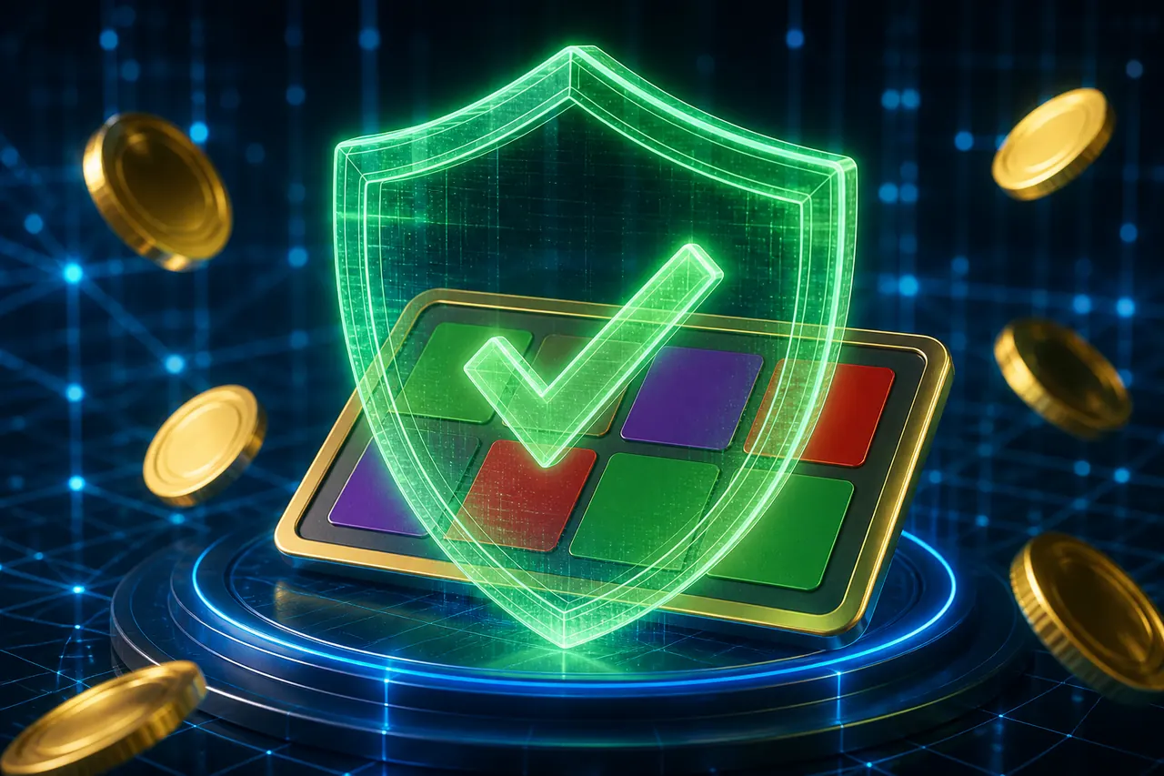 Safe Colour Trading App illustration with neon blue background, green card tile, and gold coin accents