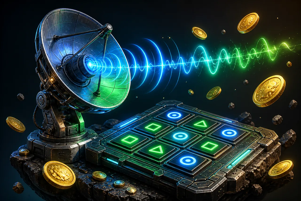 Colour Trading App Signal illustration with neon blue background, green card tile, and gold coin accents