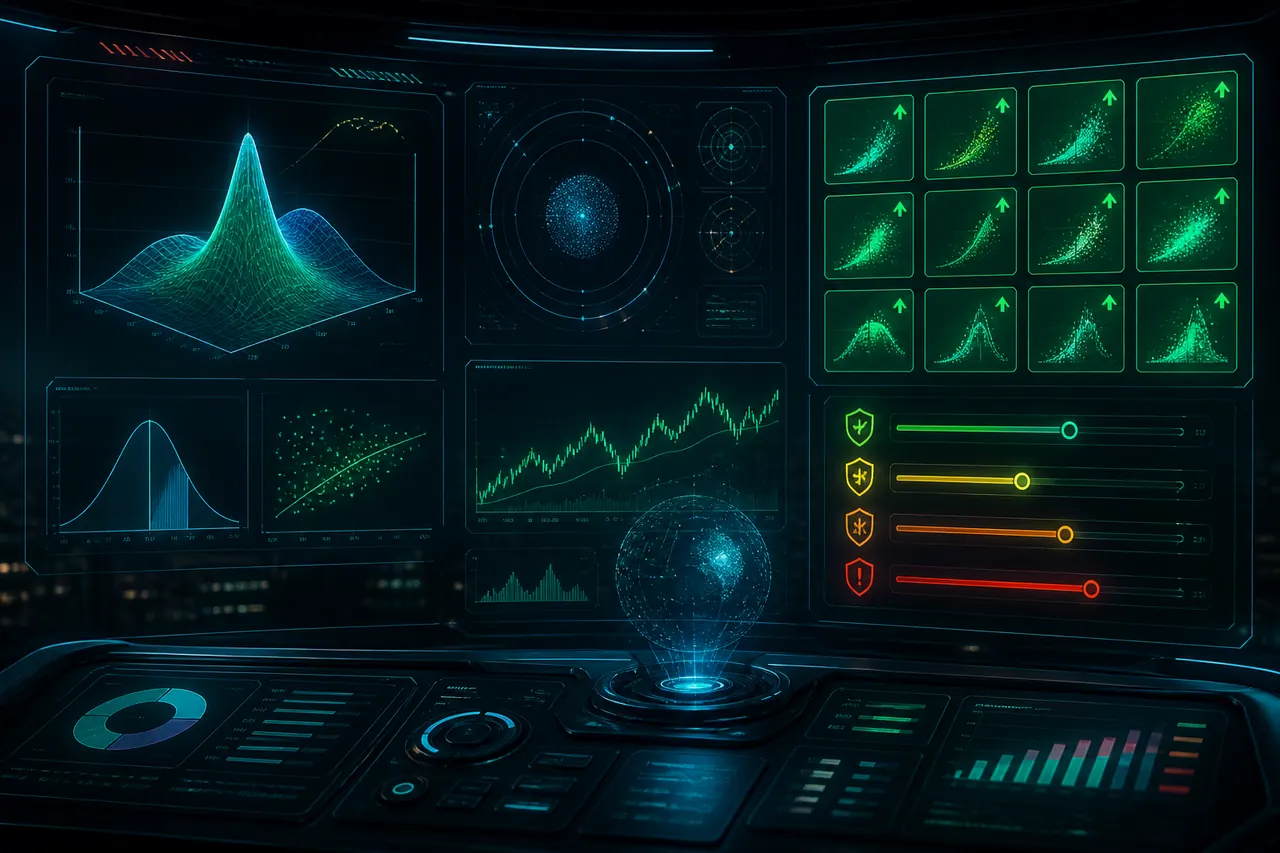 Strategy and risk management dashboard with probability graphs and green prediction tiles
