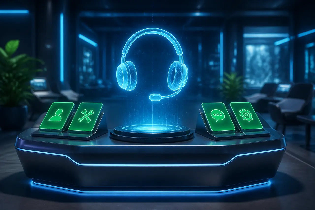 Colour Trading App Support illustration with neon blue background, green card tile, and gold coin accents