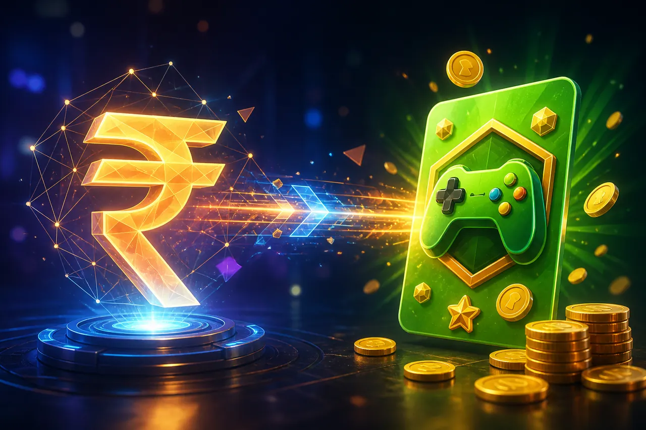 Colour Trading App UPI illustration with neon blue background, green card tile, and gold coin accents