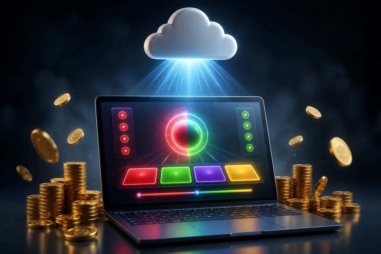 Colour Trading App Without Download illustration with neon blue background, green card tile, and gold coin accents